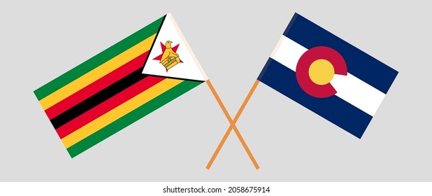Banderas cruzadas de la República de Zimbabue y el Estado de Colorado. Colores oficiales. Proporción correcta