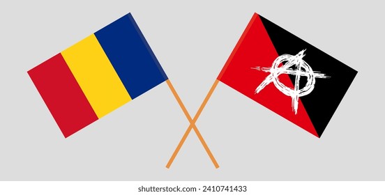 Crossed flags of Romania and anarchy. Official colors. Correct proportion. Vector illustration
