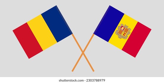 Crossed flags of Romania and Andorra. Official colors. Correct proportion. Vector illustration
