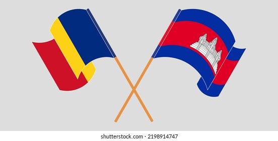 Crossed flags of Romania and Cambodia. Official colors. Correct proportion. Vector illustration
