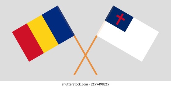 Banderas cruzadas de Rumania y cristiandad. Colores oficiales. Proporción correcta. Ilustración del vector