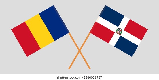 Crossed flags of Romania and Dominican Republic. Official colors. Correct proportion. Vector illustration
