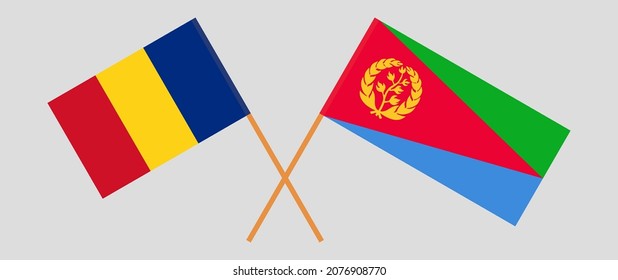 Banderas cruzadas de Rumania y Eritrea. Colores oficiales. Proporción correcta. Ilustración del vector
