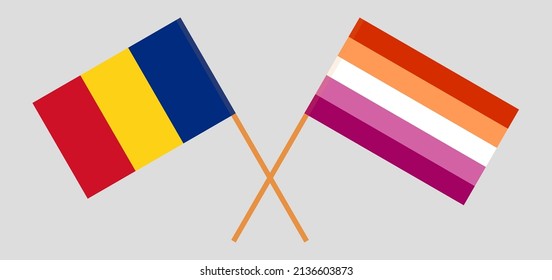 Crossed flags of Romania and Lesbian Pride. Official colors. Correct proportion. Vector illustration