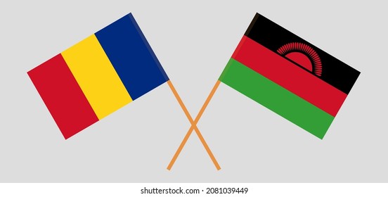 Crossed flags of Romania and Malawi. Official colors. Correct proportion