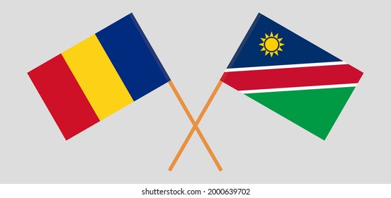 Banderas cruzadas de Rumania y Namibia. Colores oficiales. Proporción correcta