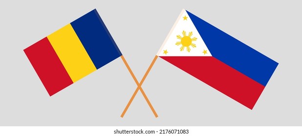 Banderas cruzadas de Rumania y Filipinas. Colores oficiales. Proporción correcta. Ilustración del vector
