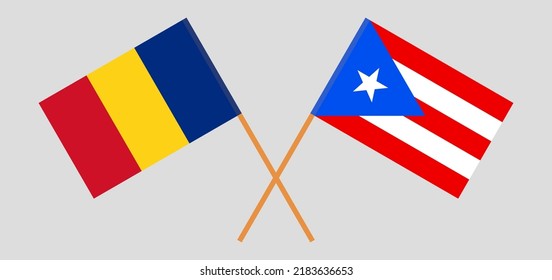 Crossed flags of Romania and Puerto Rico. Official colors. Correct proportion. Vector illustration

