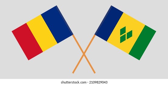 Crossed flags of Romania and Saint Vincent and the Grenadines. Official colors. Correct proportion. Vector illustration
