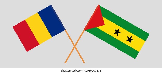 Crossed flags of Romania and Sao Tome and Principe. Official colors. Correct proportion