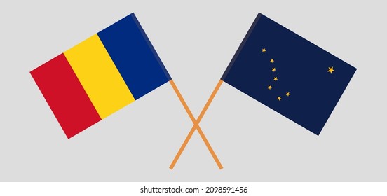 Crossed flags of Romania and the State of Alaska. Official colors. Correct proportion. Vector illustration
