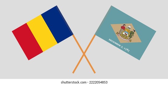 Durchquerte Flaggen von Rumänien und der Staat Delaware. Offizielle Farben. Richtiger Anteil. Vektorgrafik
