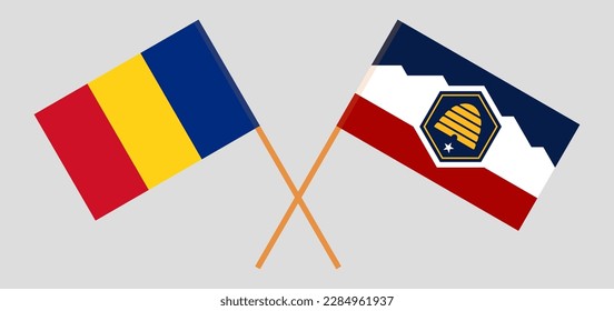 Crossed flags of Romania and The State of Utah. Official colors. Correct proportion. Vector illustration