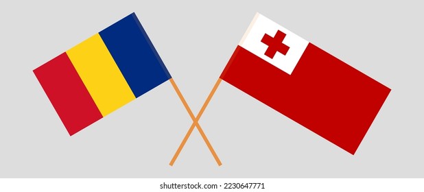 Banderas cruzadas de Rumania y Tonga. Colores oficiales. Proporción correcta. Ilustración del vector
