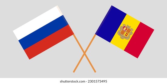 Crossed flags of Russia and Andorra. Official colors. Correct proportion. Vector illustration
