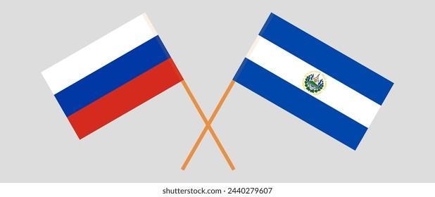 Crossed flags of Russia and El Salvador. Official colors. Correct proportion. Vector illustration
