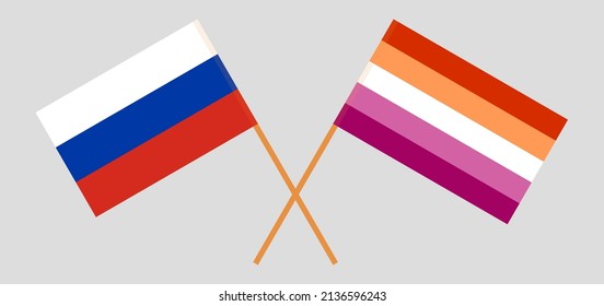 Crossed flags of Russia and Lesbian Pride. Official colors. Correct proportion. Vector illustration