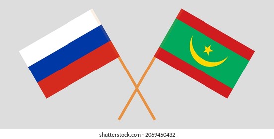 Crossed flags of Russia and Mauritania. Official colors. Correct proportion