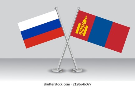 Gekreuzte Flaggen Russlands und der Mongolei. Offizielle Farben. Richtiger Anteil. Banner-Design
