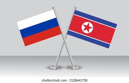 Crossed flags of Russia and North Korea. Official colors. Correct proportion. Banner design