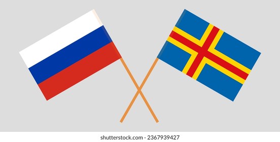 Crossed flags of Russia and Region of Aland. Official colors. Correct proportion. Vector illustration
