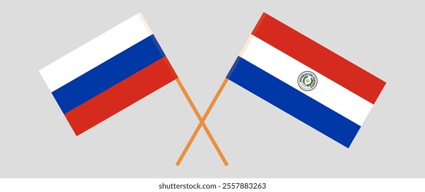 Crossed flags of Russia and Republic of Paraguay. Official colors. Correct proportion. Vector illustration.
