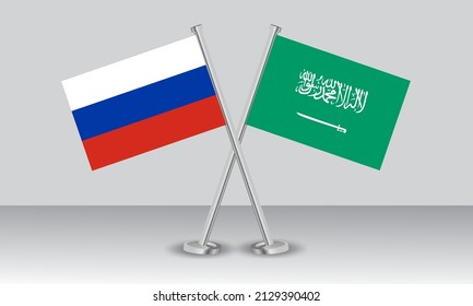 Crossed flags of Russia and Saudi Arabia. Official colors. Correct proportion. Banner design
