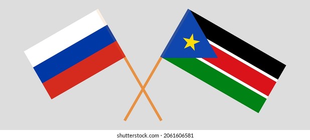 Crossed flags of Russia and South Sudan. Official colors. Correct proportion