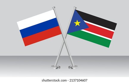 Crossed flags of Russia and South Sudan. Official colors. Correct proportion. Banner design
