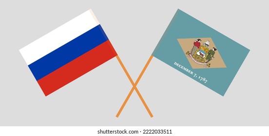 Crossed flags of Russia and The State of Delaware. Official colors. Correct proportion. Vector illustration
