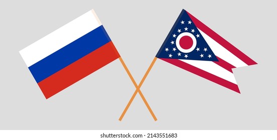 Crossed flags of Russia and the State of Ohio. Official colors. Correct proportion. Vector illustration
