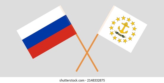 Crossed flags of Russia and the State of Rhode Island. Official colors. Correct proportion. Vector illustration
