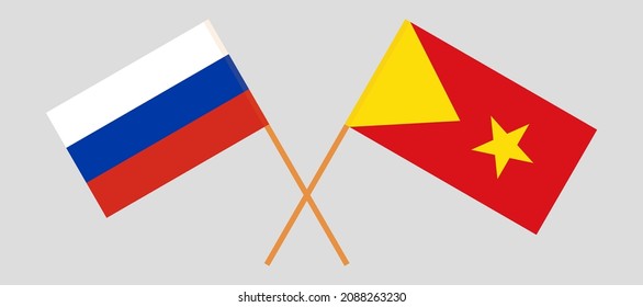 Crossed flags of Russia and Tigray. Official colors. Correct proportion. Vector illustration
