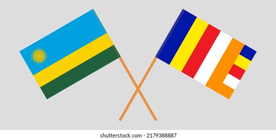 Crossed flags of Rwanda and Buddhism. Official colors. Correct proportion. Vector illustration
