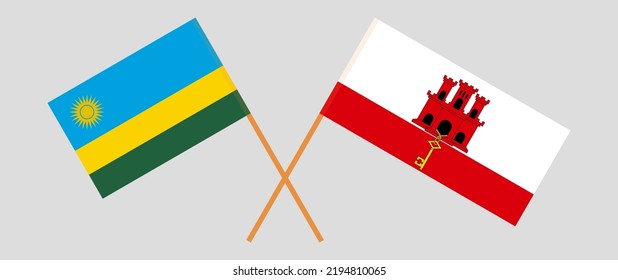 Crossed flags of Rwanda and Gibraltar. Official colors. Correct proportion. Vector illustration
