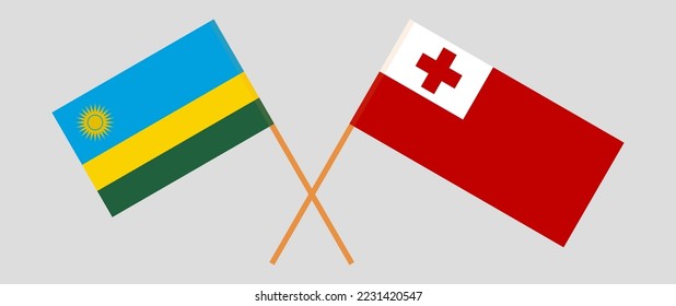 Crossed flags of Rwanda and Tonga. Official colors. Correct proportion. Vector illustration
