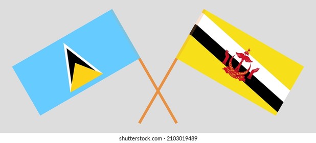 Crossed flags of Saint Lucia and Brunei. Official colors. Correct proportion. Vector illustration
