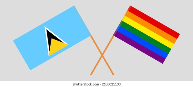 Crossed flags of Saint Lucia and LGBTQ. Official colors. Correct proportion. Vector illustration
