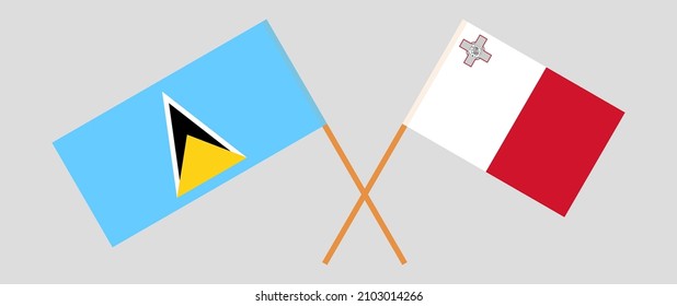 Crossed flags of Saint Lucia and Malta. Official colors. Correct proportion. Vector illustration
