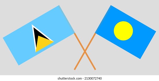 Crossed flags of Saint Lucia and Palau. Official colors. Correct proportion. Vector illustration
