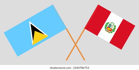 Crossed flags of Saint Lucia and Peru. Official colors. Correct proportion. Vector illustration
