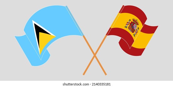 Crossed flags of Saint Lucia and Spain. Official colors. Correct proportion. Vector illustration
