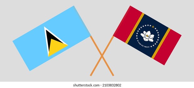 Crossed flags of Saint Lucia and The State of Mississippi. Official colors. Correct proportion. Vector illustration
