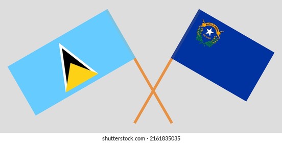 Crossed flags of Saint Lucia and The State of Nevada. Official colors. Correct proportion. Vector illustration
