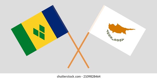 Crossed flags of Saint Vincent and the Grenadines and Cyprus. Official colors. Correct proportion. Vector illustration
