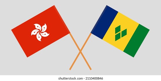 Banderas cruzadas de San Vicente y las Granadinas y Hong Kong. Colores oficiales. Proporción correcta. Ilustración del vector
