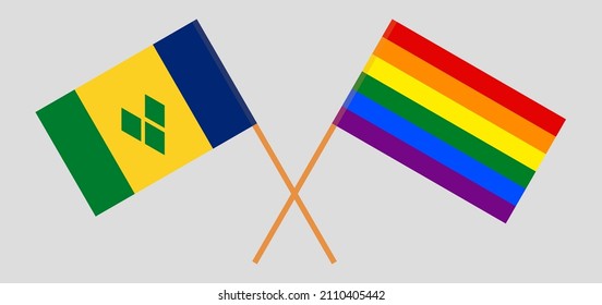 Crossed flags of Saint Vincent and the Grenadines and LGBTQ. Official colors. Correct proportion. Vector illustration
