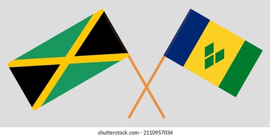 Crossed flags of Saint Vincent and the Grenadines and Jamaica. Official colors. Correct proportion. Vector illustration
