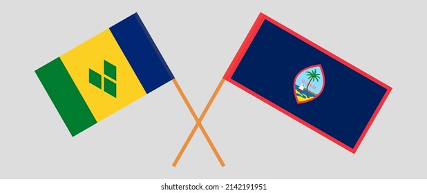 Banderas cruzadas de San Vicente y las Granadinas y Guam. Colores oficiales. Proporción correcta
