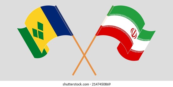 Crossed flags of Saint Vincent and the Grenadines and Iran. Official colors. Correct proportion. Vector illustration
